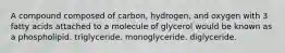 A compound composed of carbon, hydrogen, and oxygen with 3 fatty acids attached to a molecule of glycerol would be known as a phospholipid. triglyceride. monoglyceride. diglyceride.