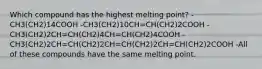 Which compound has the highest melting point? -CH3(CH2)14COOH -CH3(CH2)10CH=CH(CH2)2COOH -CH3(CH2)2CH=CH(CH2)4CH=CH(CH2)4COOH -CH3(CH2)2CH=CH(CH2)2CH=CH(CH2)2CH=CH(CH2)2COOH -All of these compounds have the same melting point.