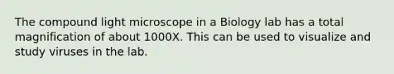 The compound light microscope in a Biology lab has a total magnification of about 1000X. This can be used to visualize and study viruses in the lab.