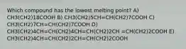 Which compound has the lowest melting point? A) CH3(CH2)18COOH B) CH3(CH2)5CH=CH(CH2)7COOH C) CH3(CH2)7CH=CH(CH2)7COOH D) CH3(CH2)4CH=CH(CH2)4CH=CH(CH2)2CH =CH(CH2)2COOH E) CH3(CH2)4CH=CH(CH2)2CH=CH(CH2)2COOH