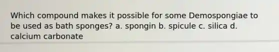 Which compound makes it possible for some Demospongiae to be used as bath sponges? a. spongin b. spicule c. silica d. calcium carbonate