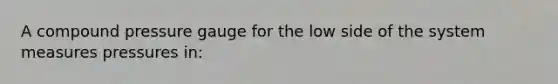 A compound pressure gauge for the low side of the system measures pressures in:
