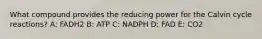 What compound provides the reducing power for the Calvin cycle reactions? A: FADH2 B: ATP C: NADPH D: FAD E: CO2