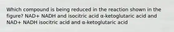 Which compound is being reduced in the reaction shown in the figure? NAD+ NADH and isocitric acid α-ketoglutaric acid and NAD+ NADH isocitric acid and α-ketoglutaric acid