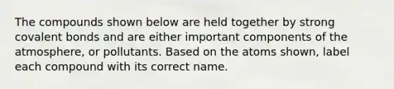 The compounds shown below are held together by strong covalent bonds and are either important components of the atmosphere, or pollutants. Based on the atoms shown, label each compound with its correct name.