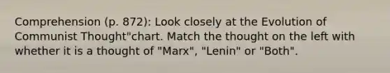 Comprehension (p. 872): Look closely at the Evolution of Communist Thought"chart. Match the thought on the left with whether it is a thought of "Marx", "Lenin" or "Both".