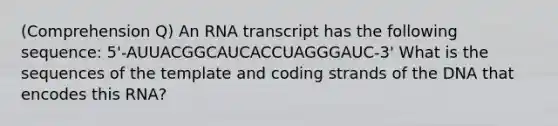 (Comprehension Q) An RNA transcript has the following sequence: 5'-AUUACGGCAUCACCUAGGGAUC-3' What is the sequences of the template and coding strands of the DNA that encodes this RNA?