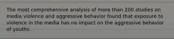 The most comprehensive analysis of more than 200 studies on media violence and aggressive behavior found that exposure to violence in the media has no impact on the aggressive behavior of youths.