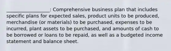 __________________: Comprehensive business plan that includes specific plans for expected sales, product units to be produced, merchandise (or materials) to be purchased, expenses to be incurred, plant assets to be purchased, and amounts of cash to be borrowed or loans to be repaid, as well as a <a href='https://www.questionai.com/knowledge/kWVg0aX6D7-budgeted-income-statement' class='anchor-knowledge'>budgeted income statement</a> and balance sheet.