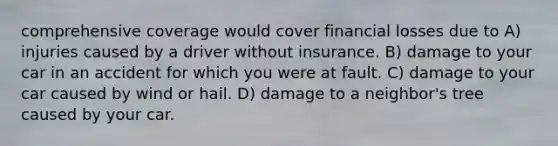 comprehensive coverage would cover financial losses due to A) injuries caused by a driver without insurance. B) damage to your car in an accident for which you were at fault. C) damage to your car caused by wind or hail. D) damage to a neighbor's tree caused by your car.