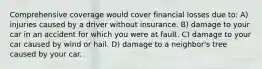 Comprehensive coverage would cover financial losses due to: A) injuries caused by a driver without insurance. B) damage to your car in an accident for which you were at fault. C) damage to your car caused by wind or hail. D) damage to a neighbor's tree caused by your car.