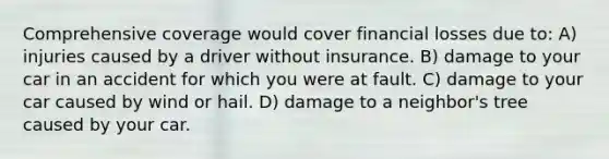 Comprehensive coverage would cover financial losses due to: A) injuries caused by a driver without insurance. B) damage to your car in an accident for which you were at fault. C) damage to your car caused by wind or hail. D) damage to a neighbor's tree caused by your car.