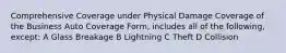 Comprehensive Coverage under Physical Damage Coverage of the Business Auto Coverage Form, includes all of the following, except: A Glass Breakage B Lightning C Theft D Collision