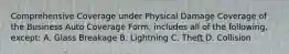 Comprehensive Coverage under Physical Damage Coverage of the Business Auto Coverage Form, includes all of the following, except: A. Glass Breakage B. Lightning C. Theft D. Collision