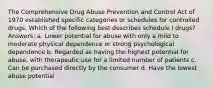 The Comprehensive Drug Abuse Prevention and Control Act of 1970 established specific categories or schedules for controlled drugs. Which of the following best describes schedule I drugs? Answers: a. Lower potential for abuse with only a mild to moderate physical dependence or strong psychological dependence b. Regarded as having the highest potential for abuse, with therapeutic use for a limited number of patients c. Can be purchased directly by the consumer d. Have the lowest abuse potential