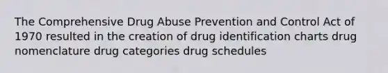 The Comprehensive Drug Abuse Prevention and Control Act of 1970 resulted in the creation of drug identification charts drug nomenclature drug categories drug schedules