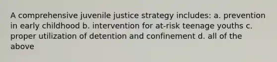 A comprehensive juvenile justice strategy includes: a. prevention in early childhood b. intervention for at-risk teenage youths c. proper utilization of detention and confinement d. all of the above