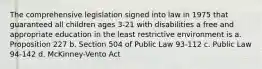 The comprehensive legislation signed into law in 1975 that guaranteed all children ages 3-21 with disabilities a free and appropriate education in the least restrictive environment is a. Proposition 227 b. Section 504 of Public Law 93-112 c. Public Law 94-142 d. McKinney-Vento Act