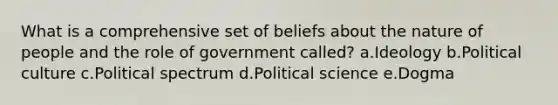 What is a comprehensive set of beliefs about the nature of people and the role of government called? a.Ideology b.Political culture c.Political spectrum d.Political science e.Dogma