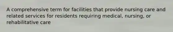 A comprehensive term for facilities that provide nursing care and related services for residents requiring medical, nursing, or rehabilitative care