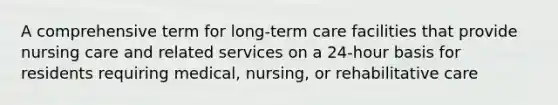 A comprehensive term for long-term care facilities that provide nursing care and related services on a 24-hour basis for residents requiring medical, nursing, or rehabilitative care