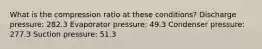 What is the compression ratio at these conditions? Discharge pressure: 282.3 Evaporator pressure: 49.3 Condenser pressure: 277.3 Suction pressure: 51.3