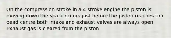 On the compression stroke in a 4 stroke engine the piston is moving down the spark occurs just before the piston reaches top dead centre both intake and exhaust valves are always open Exhaust gas is cleared from the piston