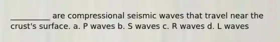 __________ are compressional seismic waves that travel near the crust's surface. a. P waves b. S waves c. R waves d. L waves