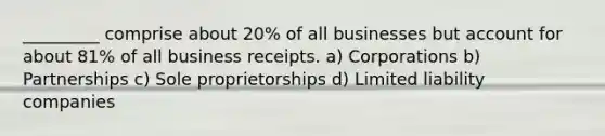 _________ comprise about 20% of all businesses but account for about 81% of all business receipts. a) Corporations b) Partnerships c) Sole proprietorships d) Limited liability companies