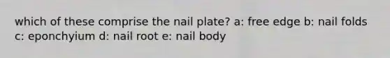 which of these comprise the nail plate? a: free edge b: nail folds c: eponchyium d: nail root e: nail body