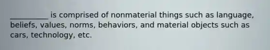 __________ is comprised of nonmaterial things such as language, beliefs, values, norms, behaviors, and material objects such as cars, technology, etc.