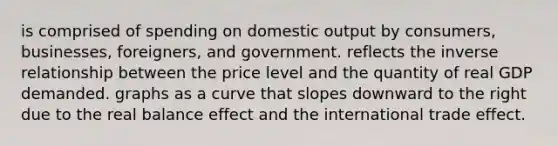 is comprised of spending on domestic output by consumers, businesses, foreigners, and government. reflects the inverse relationship between the price level and the quantity of real GDP demanded. graphs as a curve that slopes downward to the right due to the real balance effect and the international trade effect.