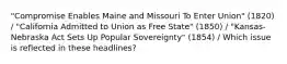 "Compromise Enables Maine and Missouri To Enter Union" (1820) / "California Admitted to Union as Free State" (1850) / "Kansas-Nebraska Act Sets Up Popular Sovereignty" (1854) / Which issue is reflected in these headlines?