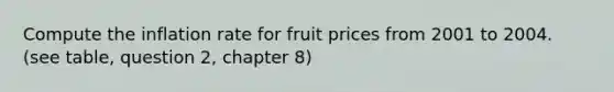 Compute the inflation rate for fruit prices from 2001 to 2004. (see table, question 2, chapter 8)