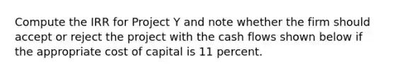 Compute the IRR for Project Y and note whether the firm should accept or reject the project with the cash flows shown below if the appropriate cost of capital is 11 percent.