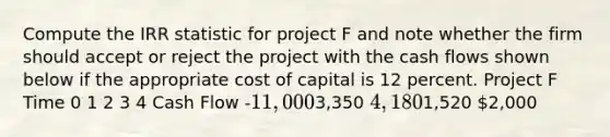 Compute the IRR statistic for project F and note whether the firm should accept or reject the project with the cash flows shown below if the appropriate cost of capital is 12 percent. Project F Time 0 1 2 3 4 Cash Flow -11,0003,350 4,1801,520 2,000