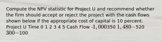 Compute the NPV statistic for Project U and recommend whether the firm should accept or reject the project with the cash flows shown below if the appropriate cost of capital is 10 percent. Project U Time 0 1 2 3 4 5 Cash Flow -1,000350 1,480 -520 300 -100