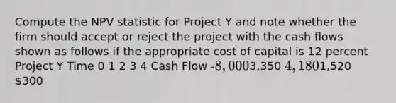 Compute the NPV statistic for Project Y and note whether the firm should accept or reject the project with the cash flows shown as follows if the appropriate cost of capital is 12 percent Project Y Time 0 1 2 3 4 Cash Flow -8,0003,350 4,1801,520 300