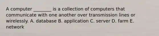 A computer​ ________ is a collection of computers that communicate with one another over transmission lines or wirelessly. A. database B. application C. server D. farm E. network