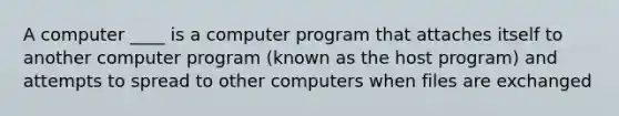 A computer ____ is a computer program that attaches itself to another computer program (known as the host program) and attempts to spread to other computers when files are exchanged