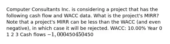 Computer Consultants Inc. is considering a project that has the following cash flow and WACC data. What is the project's MIRR? Note that a project's MIRR can be less than the WACC (and even negative), in which case it will be rejected. WACC: 10.00% Year 0 1 2 3 Cash flows −1,000450450450