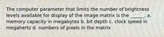 The computer parameter that limits the number of brightness levels available for display of the image matrix is the ______. a. memory capacity in megabytes b. bit depth c. clock speed in megahertz d. numbers of pixels in the matrix