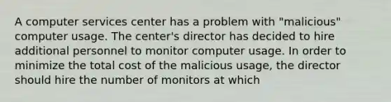 A computer services center has a problem with "malicious" computer usage. The center's director has decided to hire additional personnel to monitor computer usage. In order to minimize the total cost of the malicious usage, the director should hire the number of monitors at which