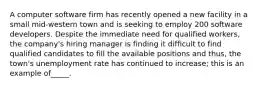 A computer software firm has recently opened a new facility in a small mid-western town and is seeking to employ 200 software developers. Despite the immediate need for qualified workers, the company's hiring manager is finding it difficult to find qualified candidates to fill the available positions and thus, the town's unemployment rate has continued to increase; this is an example of_____.