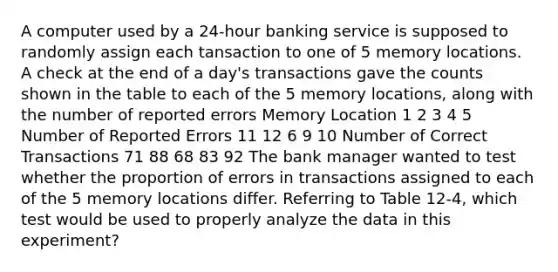 A computer used by a 24-hour banking service is supposed to randomly assign each tansaction to one of 5 memory locations. A check at the end of a day's transactions gave the counts shown in the table to each of the 5 memory locations, along with the number of reported errors Memory Location 1 2 3 4 5 Number of Reported Errors 11 12 6 9 10 Number of Correct Transactions 71 88 68 83 92 The bank manager wanted to test whether the proportion of errors in transactions assigned to each of the 5 memory locations differ. Referring to Table 12-4, which test would be used to properly analyze the data in this experiment?