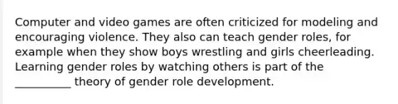 Computer and video games are often criticized for modeling and encouraging violence. They also can teach gender roles, for example when they show boys wrestling and girls cheerleading. Learning gender roles by watching others is part of the __________ theory of gender role development.