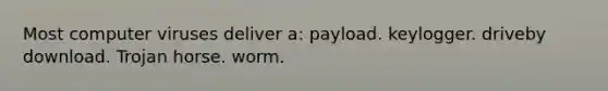 Most computer viruses deliver a: payload. keylogger. driveby download. Trojan horse. worm.