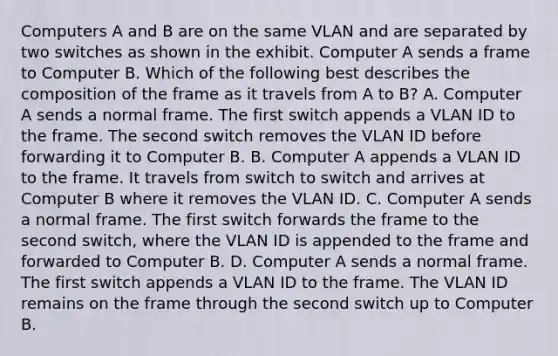 Computers A and B are on the same VLAN and are separated by two switches as shown in the exhibit. Computer A sends a frame to Computer B. Which of the following best describes the composition of the frame as it travels from A to B? A. Computer A sends a normal frame. The first switch appends a VLAN ID to the frame. The second switch removes the VLAN ID before forwarding it to Computer B. B. Computer A appends a VLAN ID to the frame. It travels from switch to switch and arrives at Computer B where it removes the VLAN ID. C. Computer A sends a normal frame. The first switch forwards the frame to the second switch, where the VLAN ID is appended to the frame and forwarded to Computer B. D. Computer A sends a normal frame. The first switch appends a VLAN ID to the frame. The VLAN ID remains on the frame through the second switch up to Computer B.