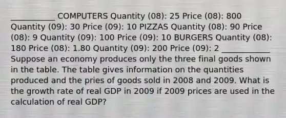 ___________ COMPUTERS Quantity (08): 25 Price (08): 800 Quantity (09): 30 Price (09): 10 PIZZAS Quantity (08): 90 Price (08): 9 Quantity (09): 100 Price (09): 10 BURGERS Quantity (08): 180 Price (08): 1.80 Quantity (09): 200 Price (09): 2 ____________ Suppose an economy produces only the three final goods shown in the table. The table gives information on the quantities produced and the pries of goods sold in 2008 and 2009. What is the growth rate of real GDP in 2009 if 2009 prices are used in the calculation of real GDP?