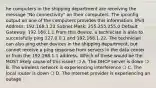 he computers in the shipping department are receiving the message "No connectivity" on their computers. The ipconfig output on one of the computers provides this information: IPv4 Address: 192.168.1.22 Subnet Mask: 255.255.255.0 Default Gateway: 192.168.1.1 From this device, a technician is able to successfully ping 127.0.0.1 and 192.168.1.22. The technician can also ping other devices in the shipping department, but cannot receive a ping response from servers in the data center or from the 192.168.1.1 address. Which of these would be the MOST likely cause of this issue? ❍ A. The DHCP server is down ❍ B. The wireless network is experiencing interference ❍ C. The local router is down ❍ D. The Internet provider is experiencing an outage